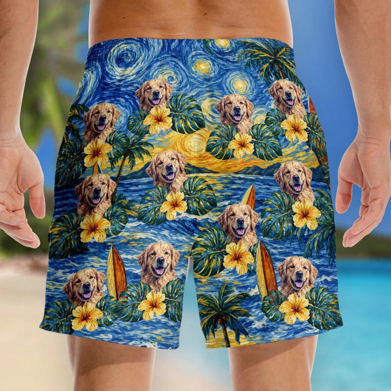 Custom Photo Tropical Hawaiian Aloha Men Beach Shorts - Personalised Summer Vacation And Travel Gifts For Dog Cat Lovers, Dog Dad And Mum, Cat Owners - Starry Nights, Puppy Days