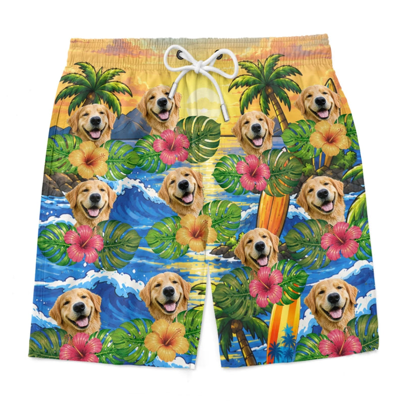 Custom Photo Tropical Hawaiian Aloha Men Beach Shorts - Personalised Summer Vacation And Travel Gifts For Dog Cat Lovers, Dog Dad And Mum, Cat Owners - Starry Nights, Puppy Days
