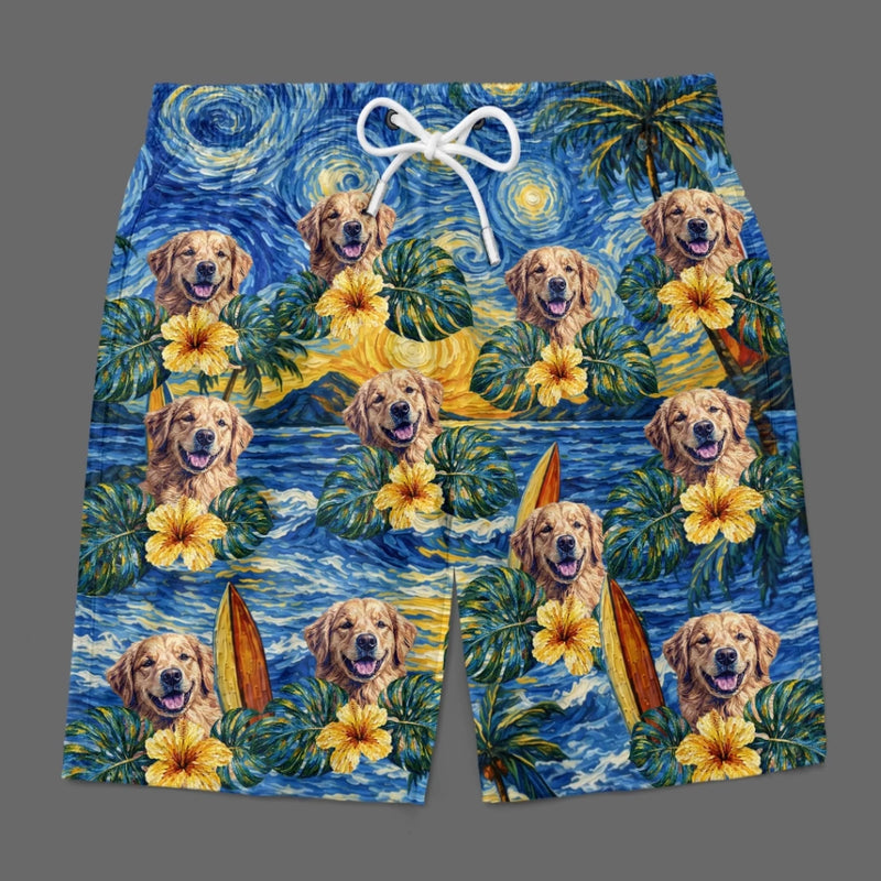 Custom Photo Tropical Hawaiian Aloha Men Beach Shorts - Personalised Summer Vacation And Travel Gifts For Dog Cat Lovers, Dog Dad And Mum, Cat Owners - Starry Nights, Puppy Days