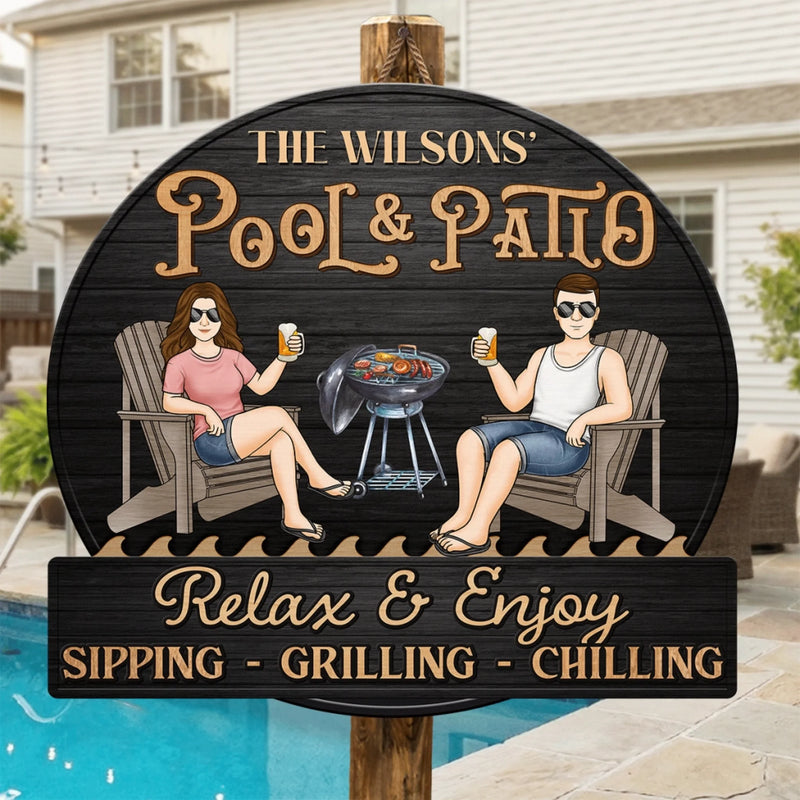 Custom Home Decor Wood Sign - Personalised Anniversary Wedding Gifts For Husband And Wife, Him And Her - Just A Couple, Pool & Patio Sipping Chilling