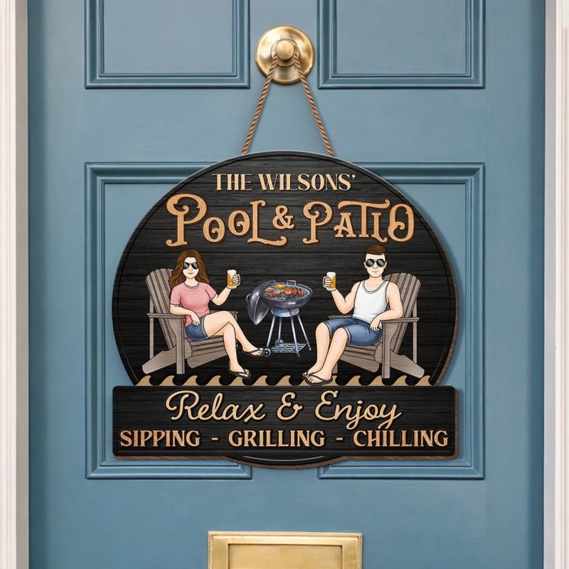 Custom Home Decor Wood Sign - Personalised Anniversary Wedding Gifts For Husband And Wife, Him And Her - Just A Couple, Pool & Patio Sipping Chilling