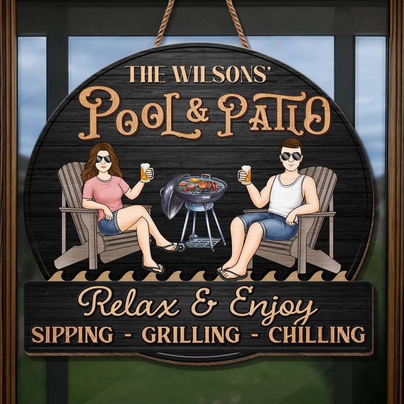 Custom Home Decor Wood Sign - Personalised Anniversary Wedding Gifts For Husband And Wife, Him And Her - Just A Couple, Pool & Patio Sipping Chilling