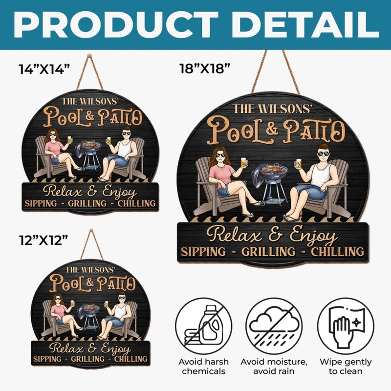 Custom Home Decor Wood Sign - Personalised Anniversary Wedding Gifts For Husband And Wife, Him And Her - Just A Couple, Pool & Patio Sipping Chilling