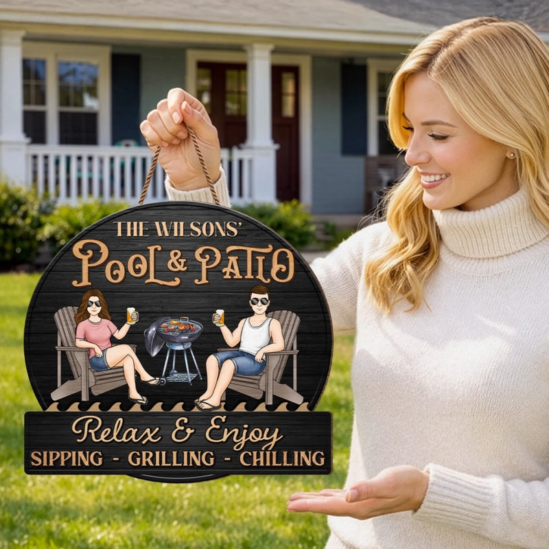 Custom Home Decor Wood Sign - Personalised Anniversary Wedding Gifts For Husband And Wife, Him And Her - Just A Couple, Pool & Patio Sipping Chilling