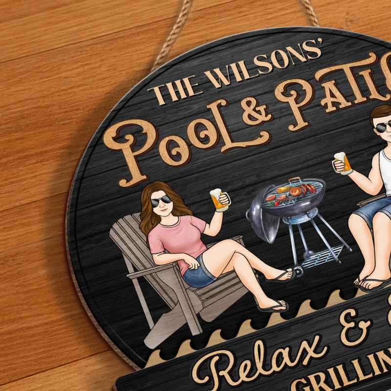 Custom Home Decor Wood Sign - Personalised Anniversary Wedding Gifts For Husband And Wife, Him And Her - Just A Couple, Pool & Patio Sipping Chilling