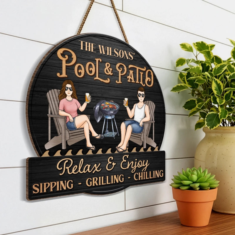Custom Home Decor Wood Sign - Personalised Anniversary Wedding Gifts For Husband And Wife, Him And Her - Just A Couple, Pool & Patio Sipping Chilling