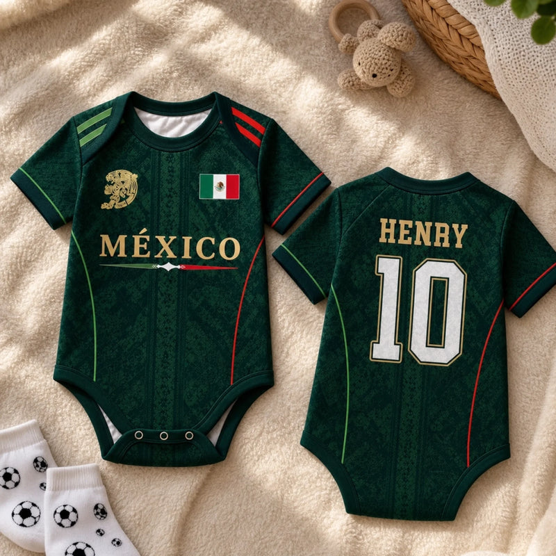 Custom Mexico World Football Baby Jersey Bodysuit - Personalised Baby Shower, Gender Reveal Gifts For New Mums, New Dads, Football Lovers - The Team's Youngest MVP