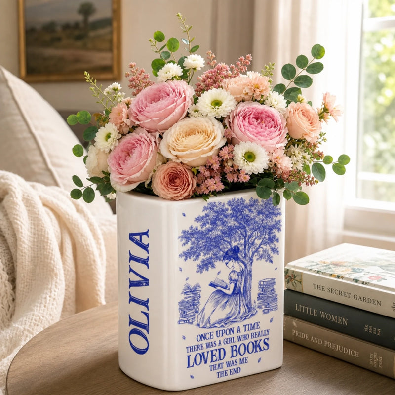 Custom Book Vase - Personalized Bookish Gifts For Book Lovers, Bookworms, Readers - Reading Is My Happy Place