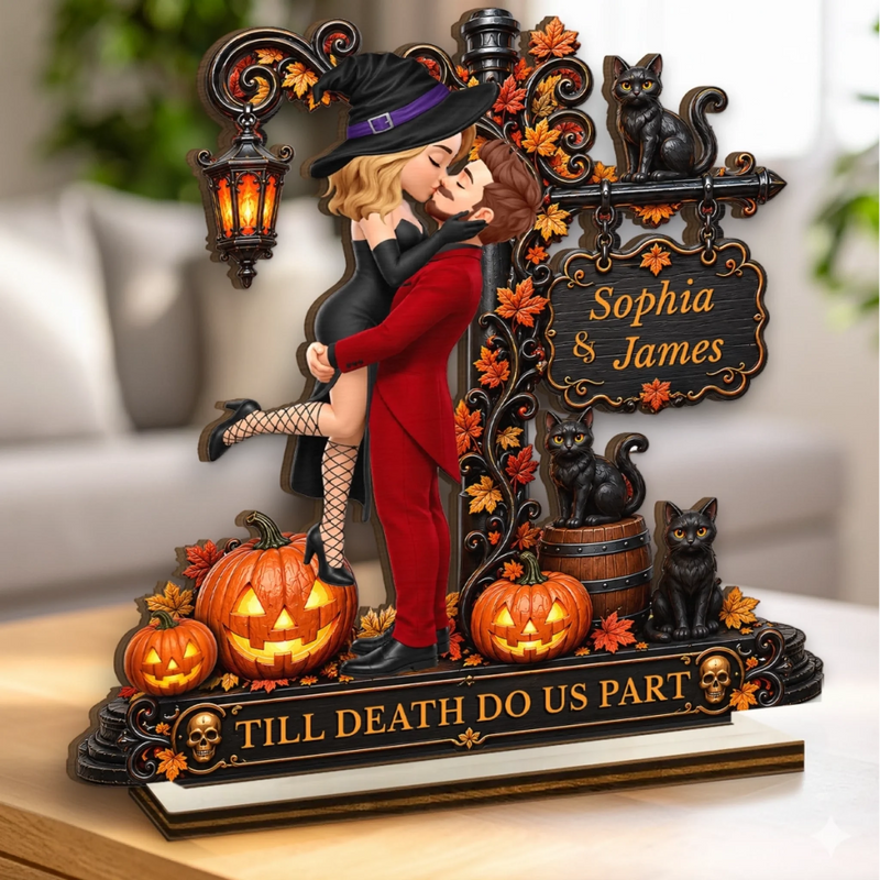 Custom 2-Layered Wooden Plaque - Personalized Halloween Anniversary Wedding Gifts For Husband And Wife, Him And Her - Love Never Gets Spooky