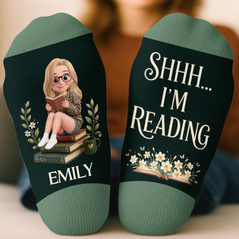 Custom Shh I'm Reading Crew Socks - Personalized Bookish Gifts For Book Lovers, Bookworms, Readers - Living In A Fictional World