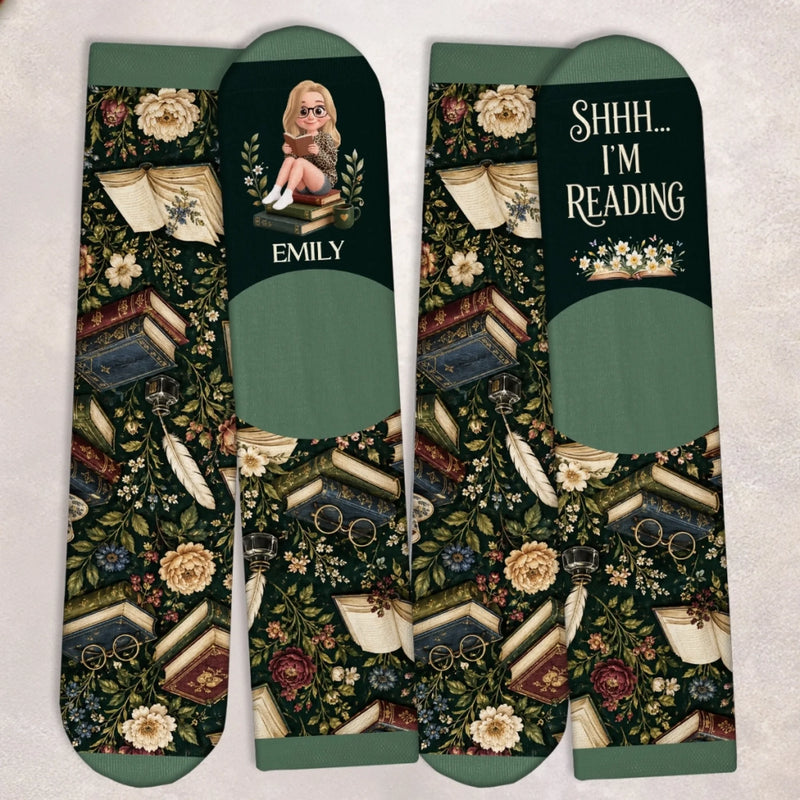 Custom Shh I'm Reading Crew Socks - Personalized Bookish Gifts For Book Lovers, Bookworms, Readers - Living In A Fictional World