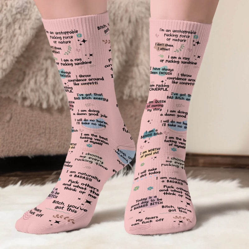 Custom Affirmation Crew Socks - Personalized Birthday Gifts For Wife, Daughter, Besties, Sisters, Granddaughter, Grandma, Mom, Yourself - I Attract, Never Chase