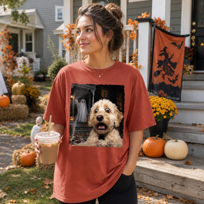 Custom Photo Funny Dog Selfie With Skeleton Comfort T-Shirt - Personalized Halloween Birthday Gifts For Dog Cat Lovers, Dog Dad And Mom, Cat Owners - Glow Up Your Spook