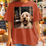 Custom Photo Funny Dog Selfie With Boo Comfort T-Shirt - Personalized Halloween Birthday Gifts For Dog Cat Lovers, Dog Dad And Mom, Cat Owners - Spooky Season, Happy Paws