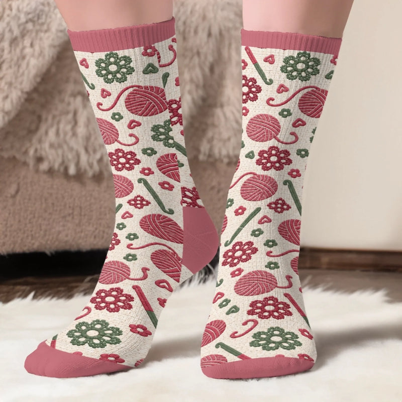 Custom Yarn Crew Socks - Personalized Birthday Gifts For Crochet Knitting Lovers, Crocheters, Knitters, Wife, Daughter, Besties, Sisters, Granddaughter, Grandma, Mom, Yourself - Keep Stitching