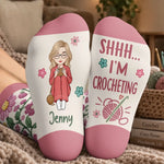 Custom Yarn Crew Socks - Personalized Birthday Gifts For Crochet Knitting Lovers, Crocheters, Knitters, Wife, Daughter, Besties, Sisters, Granddaughter, Grandma, Mom, Yourself - Stitching My Way To Happy