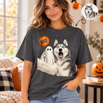 Custom Photo Funny Dog Selfie With Boo T-Shirt - Personalized Halloween Gifts For Dog Cat Lovers, Dog Dad And Mom, Cat Owners - Too Spooked To Behave