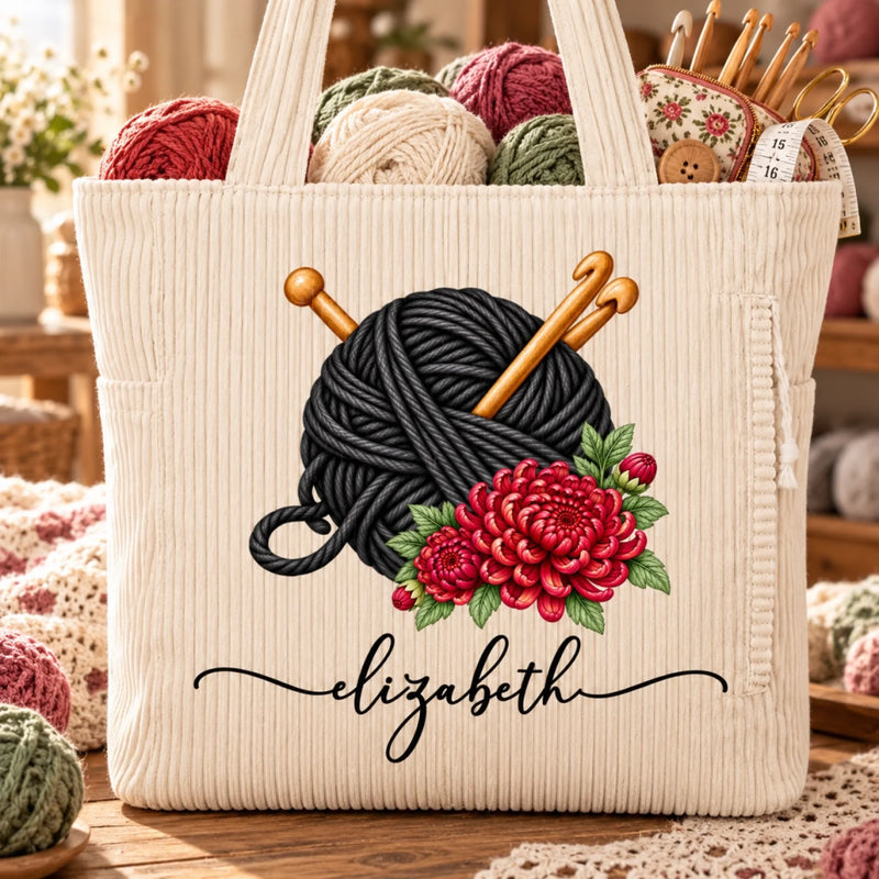 Custom Yarn Corduroy Tote Bag - Personalized Birthday Gifts For Crochet Knitting Lovers, Crocheters, Knitters, Wife, Daughter, Besties, Sisters, Granddaughter, Grandma, Mom, Yourself - Bloom & Stitch