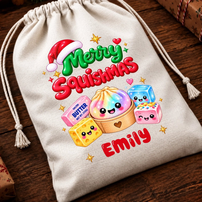 Custom Dumpling Squishy Merry Squishmas Gifts for Kids - Personalized Drawstring Gift Bag