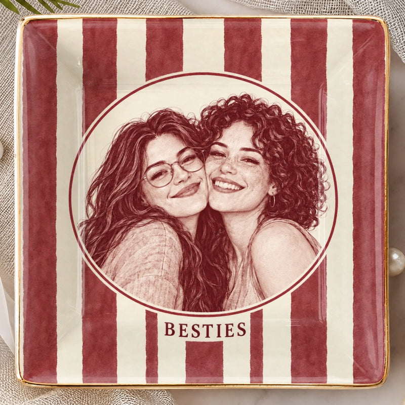 Personalized Photo Jewelry Dish - Birthday Gift For Sister, Bestie, Best Friend - Besties Vintage Sketch