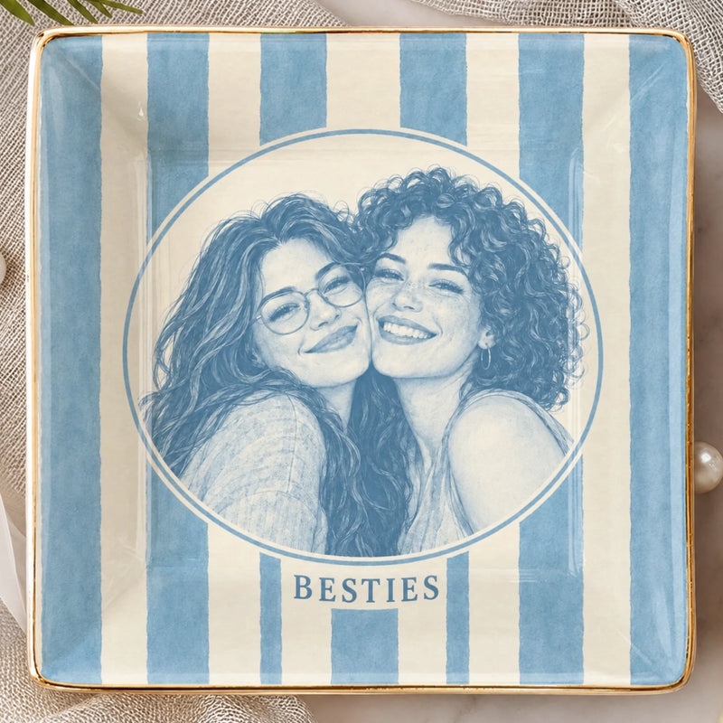 Personalized Photo Jewelry Dish - Birthday Gift For Sister, Bestie, Best Friend - Besties Vintage Sketch