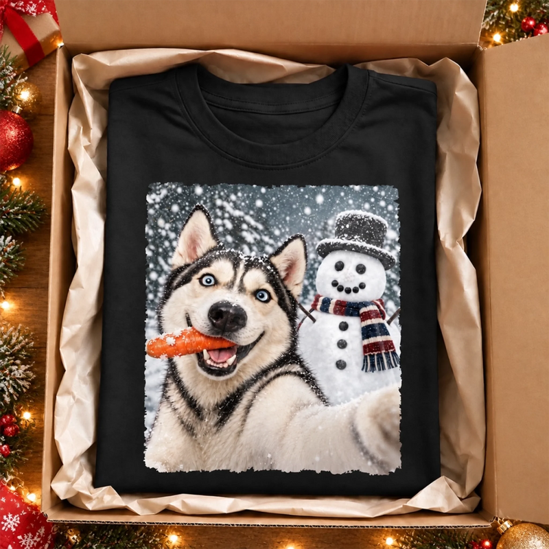 Custom Photo Funny Dog Christmas Selfie Gifts - Personalized Comfort T-Shirt