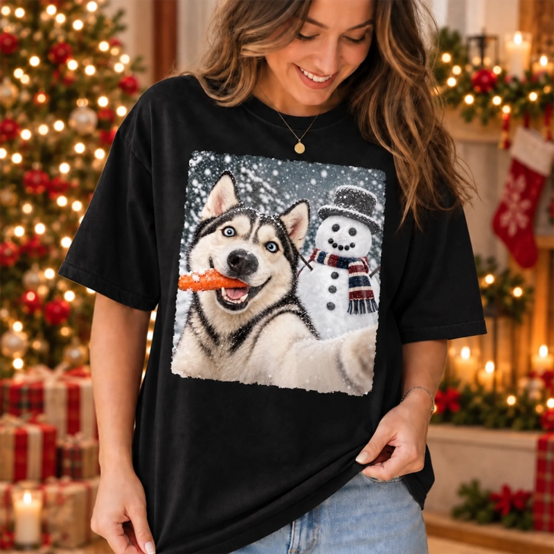 Custom Photo Funny Dog Christmas Selfie Gifts - Personalized Comfort T-Shirt