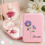 Custom Name Birth Month Flowers Gifts for Women - Personalized LED Compact Makeup Mirror