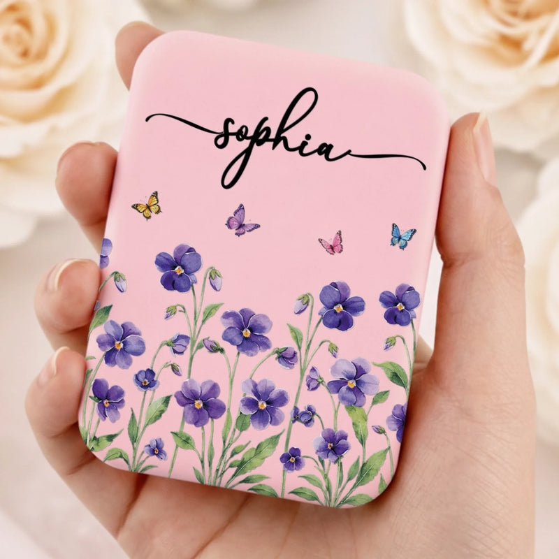 Custom Name Floral Butterfly Gifts for Women - Personalized LED Compact Makeup Mirror