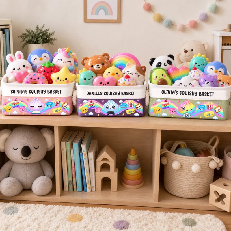 Custom Name Kawaii Squishy Toy Organizer for Kids - Personalized Storage Basket