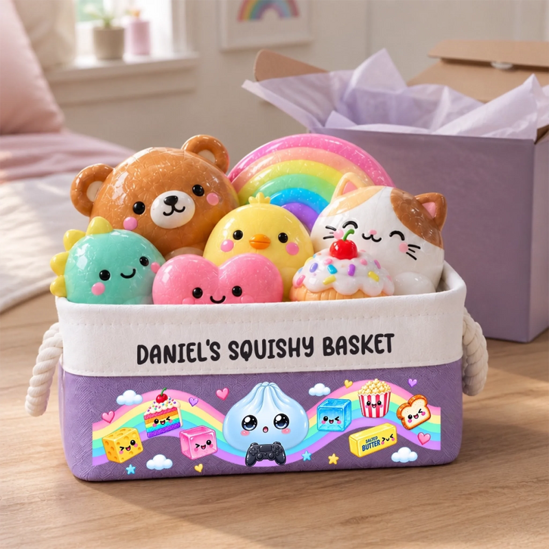 Custom Name Kawaii Squishy Toy Organizer for Kids - Personalized Storage Basket