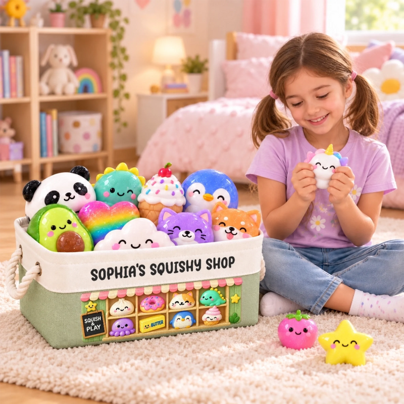 Custom Name Kawaii Squishy Shop Gifts for Kids - Personalized Storage Basket