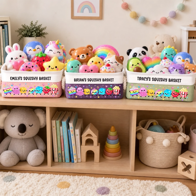 Custom Name Cute Squishy Toy Organizer for Kids - Personalized Storage Basket
