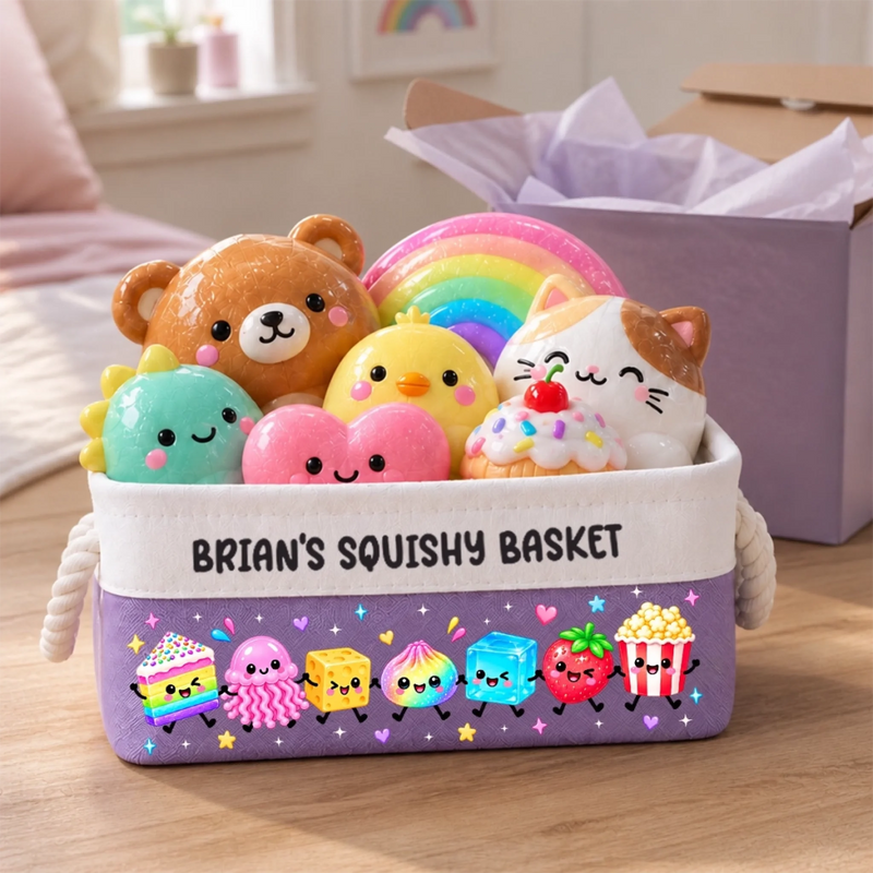 Custom Name Cute Squishy Toy Organizer for Kids - Personalized Storage Basket