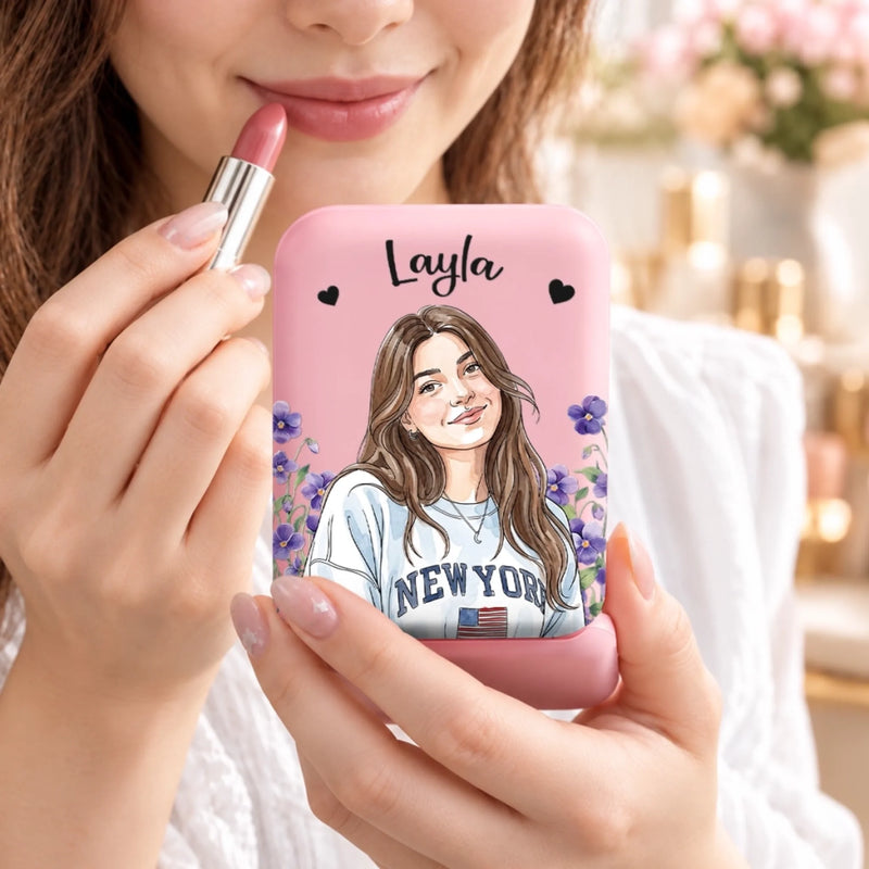 Custom Photo Illustrated Girl Gifts For Women - Personalized LED Compact Makeup Mirror