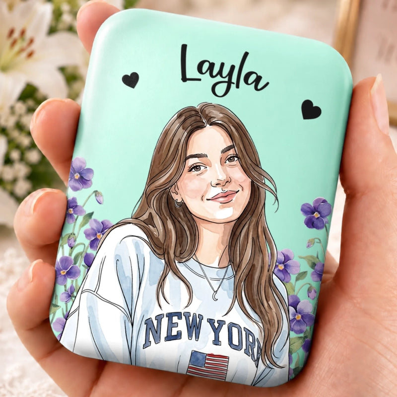 Custom Photo Illustrated Girl Gifts For Women - Personalized LED Compact Makeup Mirror
