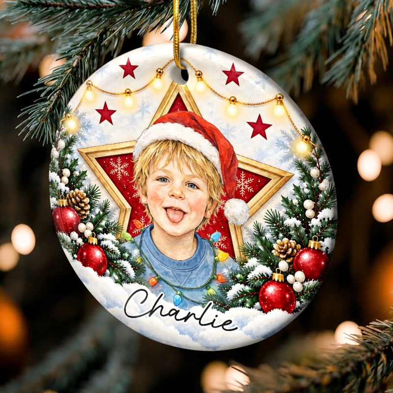 Custom Photo Star Christmas Keepsake for Kids - Personalized Ceramic Ornament