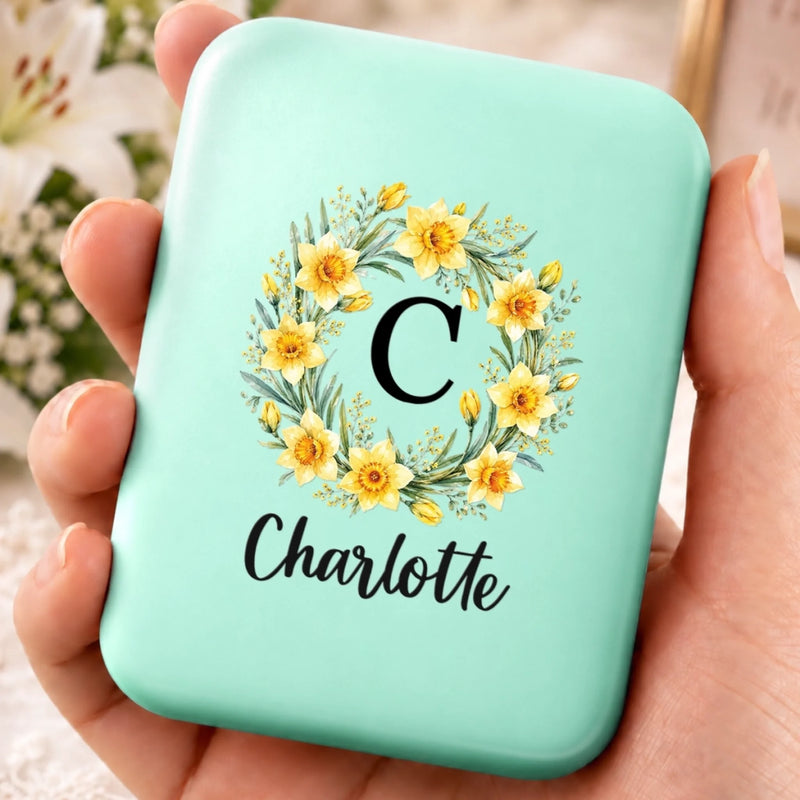 Custom Initial and Name Floral Gifts for Her - Personalized LED Compact Makeup Mirror