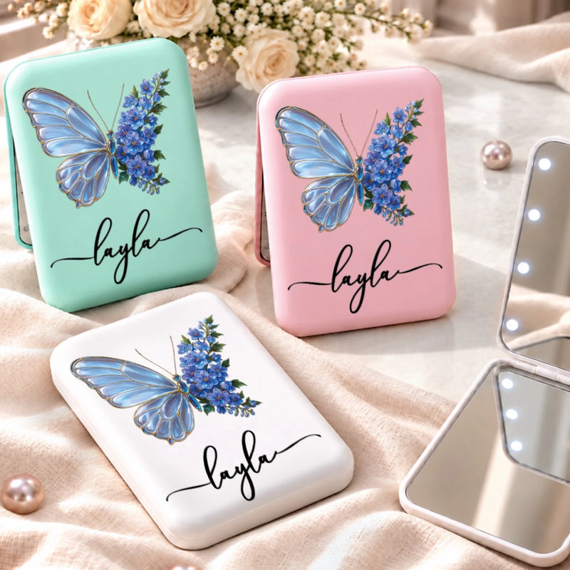 Custom Name Butterfly Floral Design - Personalized LED Compact Makeup Mirror