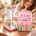 Custom Name Floral Butterfly Bookish Gifts For Book Lovers, Women - Personalized LED Compact Makeup Mirror