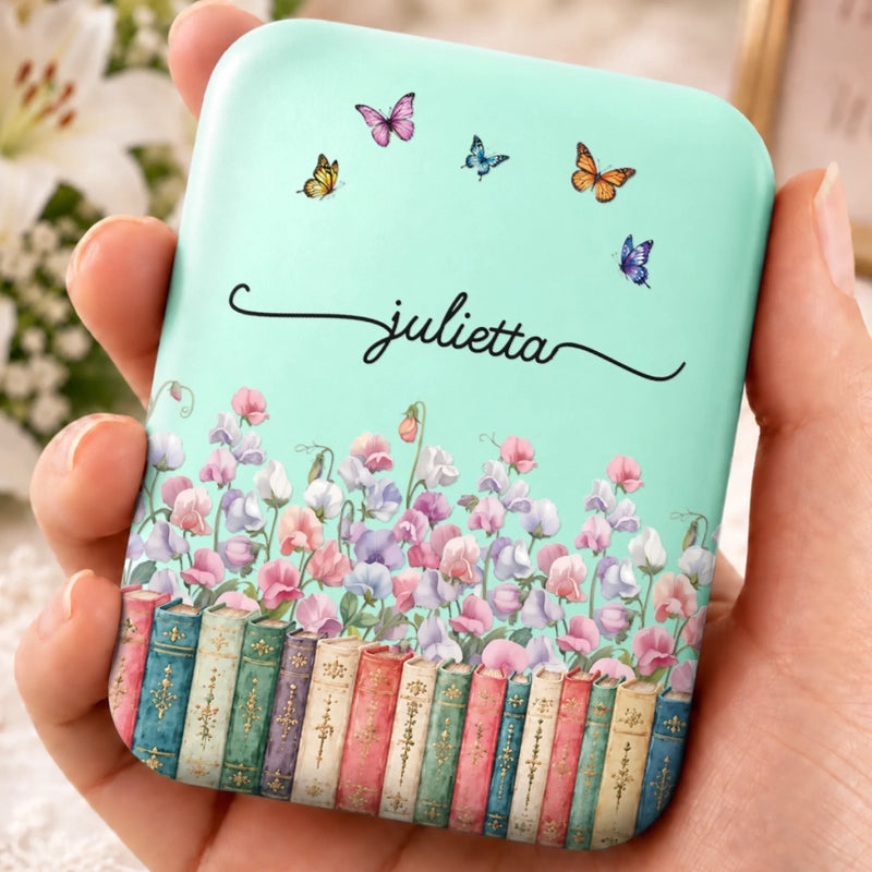 Custom Name Floral Butterfly Bookish Gifts For Book Lovers, Women - Personalized LED Compact Makeup Mirror