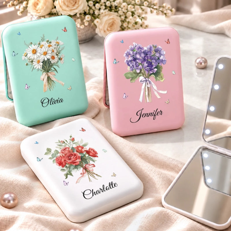 Custom Name Birth Month Flower Bouquet Gifts for Women - Personalized LED Compact Makeup Mirror