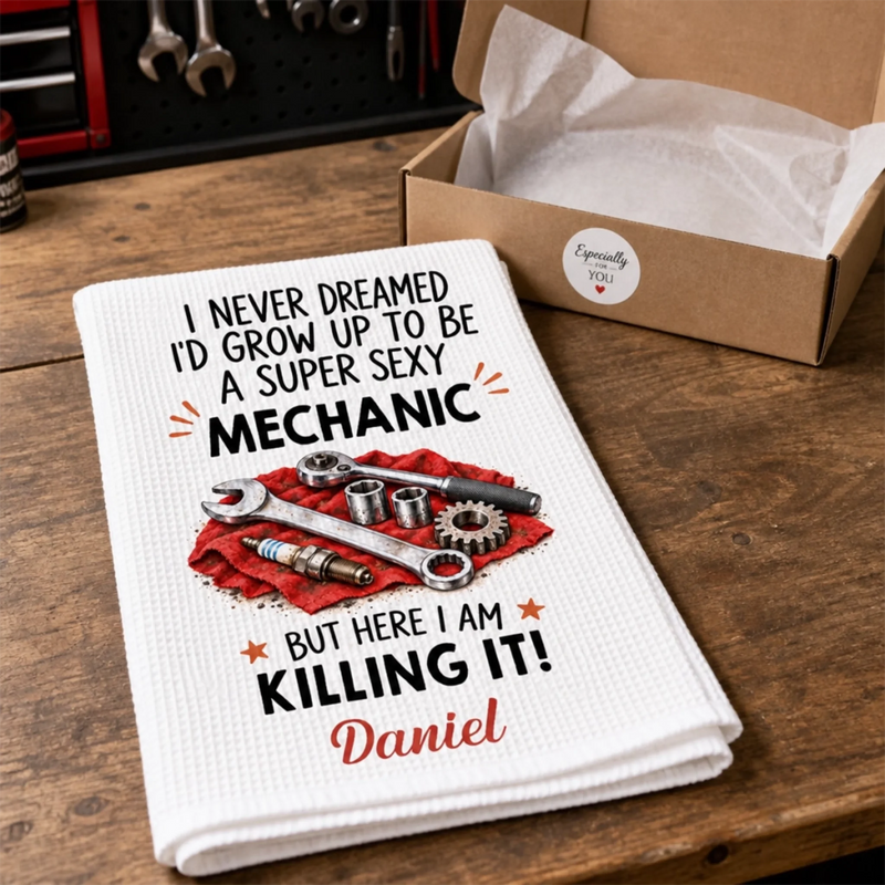 Custom Name Funny Mechanic Gifts for Men - Personalized Kitchen Towel