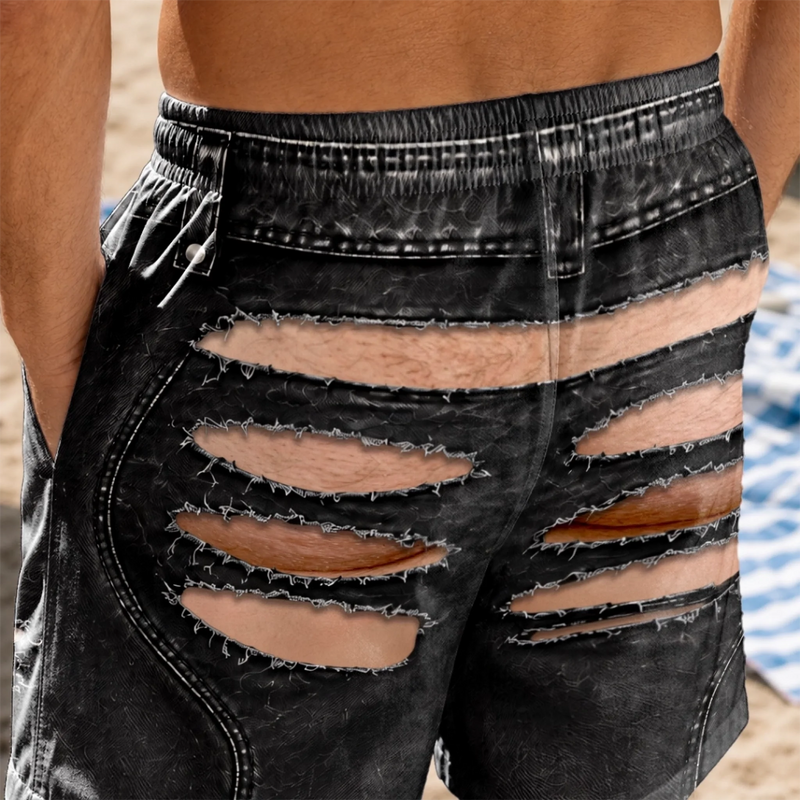 Custom Funny Garage Ripped Butt Illusion Beachwear For Men - Men Swim Trunks