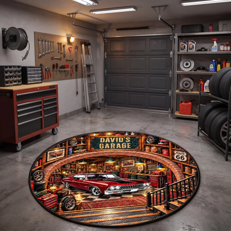 Custom Photo Classic Car Garage Decor - Personalized Quilted Round Mat