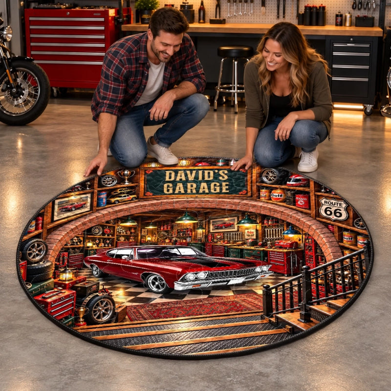 Custom Photo Classic Car Garage Decor - Personalized Quilted Round Mat