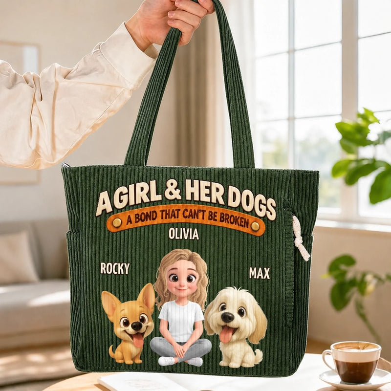 Custom Name Girl And Her Dogs Gifts For Dog Lovers - Personalized Corduroy Tote Bag