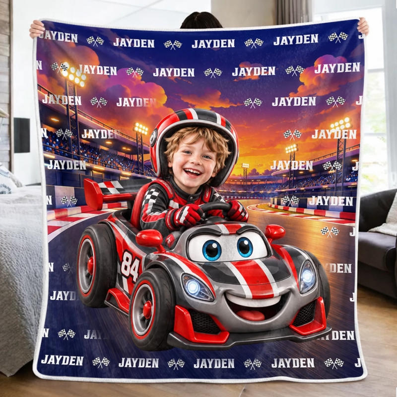 Custom Photo Checkered Flag Racing Gifts for Kids - Personalized Blanket