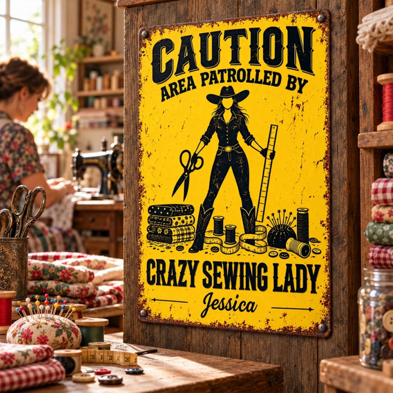 Custom Name Crazy Sewing Lady Gifts - Personalized Metal Sign