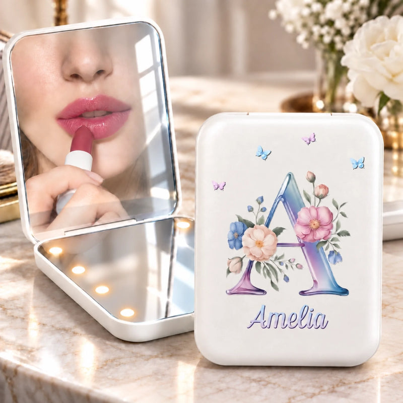 Custom Butterfly Monogram Vanity Gifts for Her - Personalized LED Compact Makeup Mirror
